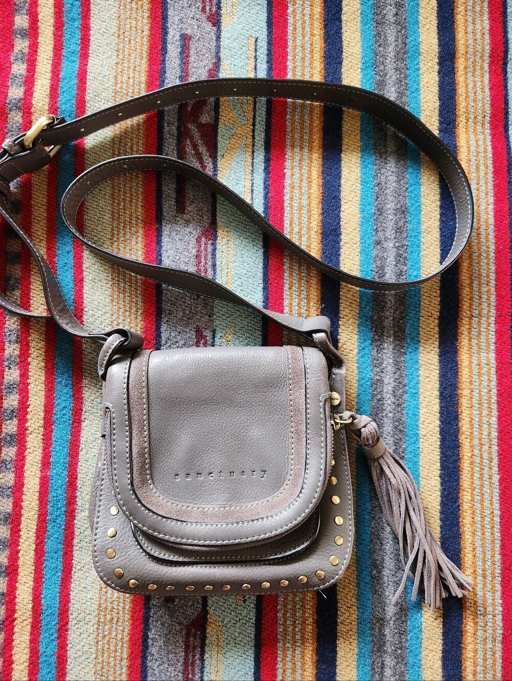 Sanctuary - Grey Bohemian Leather Crossbody with Tassel and Studs